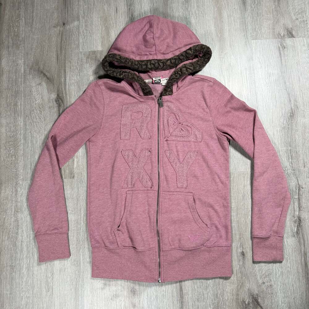 Roxy Women's Dusty Pink Zip-Up Hoodie with Fur-Lined Hood Large